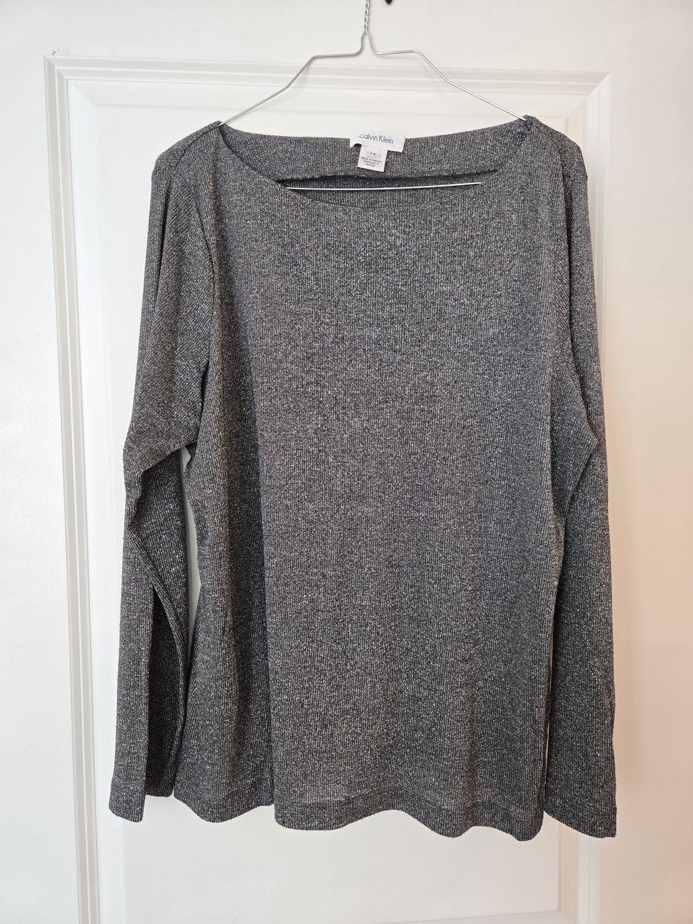 Calvin Klein Silver-Thread Gray Long Sleeve Knit Top